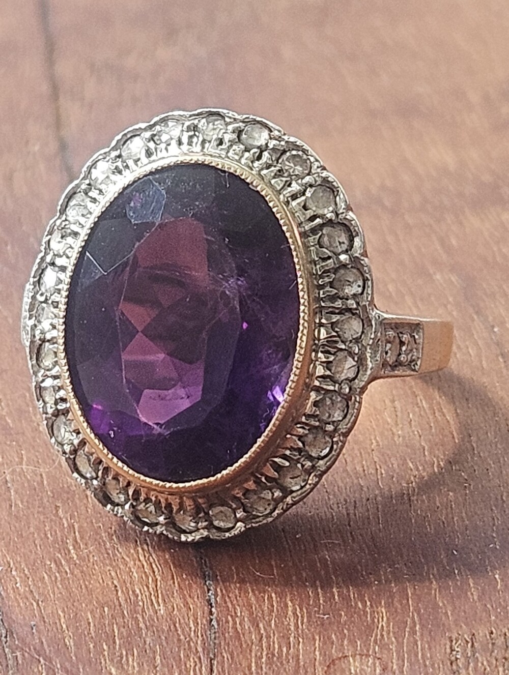 Antique Art Deco Solid 18k White & Yellow Gold Amethyst Diamond Cocktail Ring